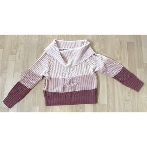 Derek Heart Womens XL Pullover Sweater Lace-Up Back Cowl Pink Stripe Coquette